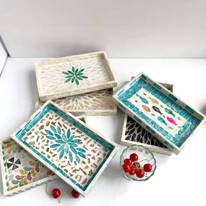 1pc Bandeja decorativa retangular de conchas, 9,84" C x 5,9" L x 0,98" A, Bandeja decorativa colorida de conchas, Prato de bugigangas para decoração de casa Organizador de mesa para armazenamento