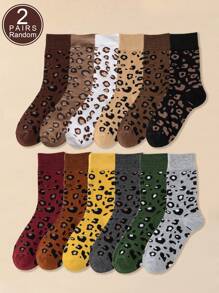 2 双豹纹图案女士时尚个性化中筒袜，适合日常使用