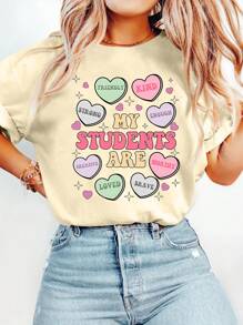 Camiseta de cuello redondo con estampado de pantorrilla vibrante: corte clásico, mangas cortas, estilo informal para primavera y verano: ropa cómoda para uso diario para mujer - Albaricoque - Ver 1