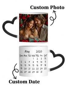 1pc 11Oz Personalized Customized Photo Magic Mugs, Calendar Coffee Mugs, Heat-Sensitive Color-Changing Mugs With Heart-Shaped Handles, Anniversary Mugs. They Are Ideal Gifts For Couples, Birthdays, Anniversaries And Valentine's Day