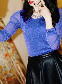2025 Autumn/Winter New Women Long Sleeve T-Shirt, Versatile Fitted Metallic Mesh Lace Layering Top - Blue - View 4