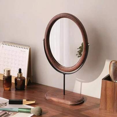 1pc Vanity Makeup Mirror, New Chinese Style Simple Elegant Desktop Swivel Vintage Chinese Wooden Dressing Mirror Gifts Birthday Graduation Home Decor Back To School Room Decor School Supplies
