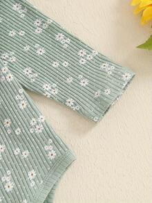 Ropa para bebé recién nacido, niña, con estampado floral acanalado, volantes, manga larga, mono, pantalones, diadema, conjunto de 3 piezas con flores bonitas para otoño e invierno - Verde - Ver 4