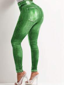 Plus Size Seamless Mid-Rise Leggings Imitation Denim Effect Green Stripes - High Elasticity, Comfortable Knit For All Seasons - Green - View 2