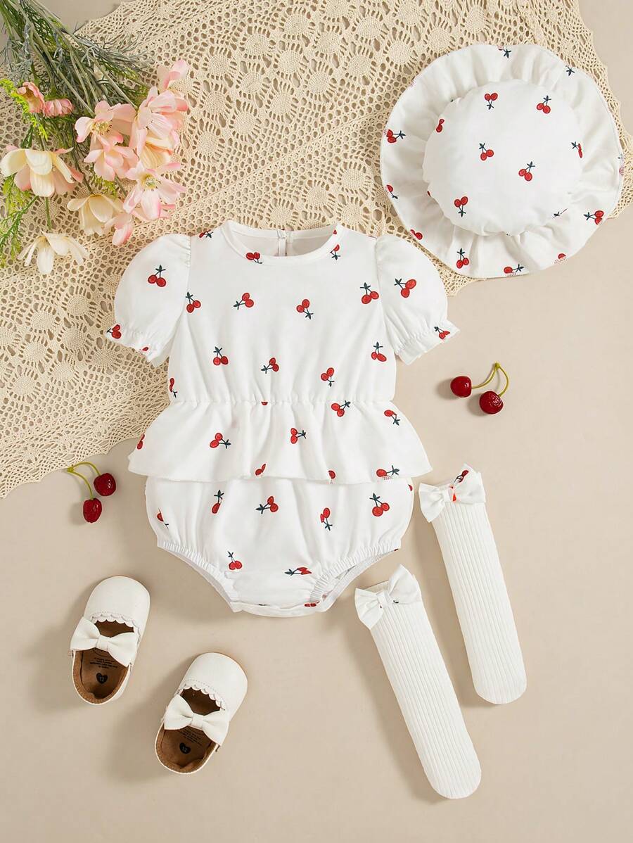 Summer Baby Girls' Cute Cherry Print Bodysuit & Floral Lace Sun Hat & Bow Socks 3pcs Outfit Set - White - View 1