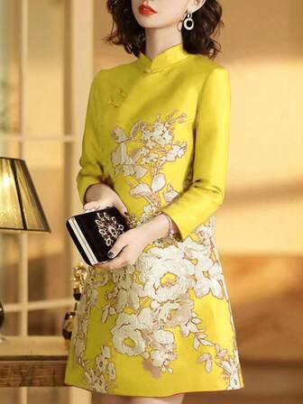 Traditional Chinese Style Floral Print Casual Dress, Minimalist Fashion For Daily Wear