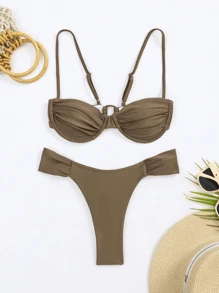 New Arrival Solid Color European & American Style Ruched Bikini Set, Holiday Beach Swimwear, For Summer Vacation - Champagne - View 3