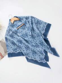 1条110*110厘米激光切割包边白色精致花卉印花大方巾，新款波西米亚风亚麻柔软轻盈透气波浪边头巾披肩花卉组合印花巴厘岛雪纺方巾披肩