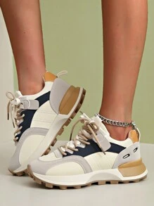 Women's Round Toe Fashionable Lace-Up Thick-Soled Student Casual Comfortable Running Sneakers - Yellow - View 5
