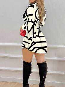 Women's Fashion Floral Print Gathered Waist Ruffle Long Sleeve Shirt Dress, Commuter Style Spring/Summer - 白色字母 - 查看 4