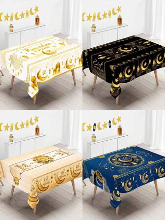 1st, Gyllene Stjärna Måne Och Lykta Print Eid Mubarak Duk, 140*180cm Polyester Ramadan Retangle Bordsöverdrag För Hem Kök Matbord Dekor Ramadan Dekorationer Bordsduk