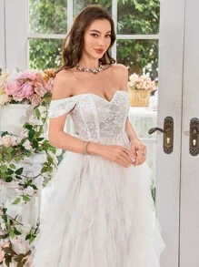 UNITHORSE UNITHORSE Women's Off Shoulder Lace Applied & Mesh Patchwork Asymmetrical Hemline White Wedding Party Bridesmaid Dress, All White Party Outfit Women