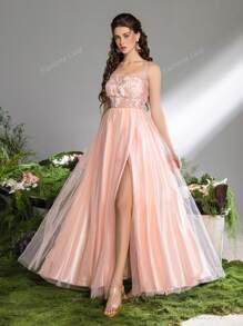 Faeriesty Elegante bloemenapplicatie met strik op de rug, split op de dij, mesh cami-jurk, formele feestjurk, trouwjurk, bruiloftsgastjurk, avondjurk