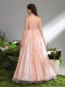 Faeriesty Elegante bloemenapplicatie met strik op de rug, split op de dij, mesh cami-jurk, formele feestjurk, trouwjurk, bruiloftsgastjurk, avondjurk