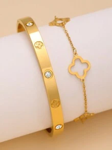 Juego de pulsera y brazalete de joyería para mujer de flor con circonia cúbica de acero inoxidable de alta calidad y elegante estilo vintage, adecuado para uso diario