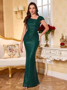 UNITHORSE Đầm dự tiệc ôm sát, cổ bất đối xứng, đính sequin, xếp nếp, thích hợp làm đầm cưới, đầm sinh nhật, đầm tốt nghiệp, đầm dạ hội, đồng phục học sinh. - Màu xanh lá cây đậm - Xem 4