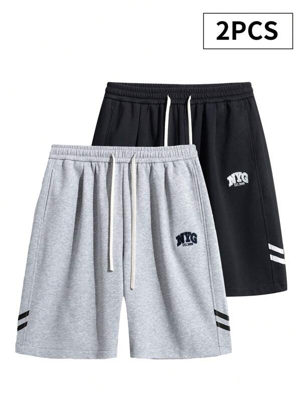 2 piezas Pantalones cortos casuales rectos con bordado, talla grande, holgados y cómodos