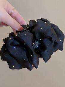 1 pieza Pinza para el cabello con forma de corazón brillante de cielo estrellado para mujer, estilo elegante, puede fijar el cabello, diseño de lazo, pinza de garra para el cabello, accesorio para el cabello - Negro - Ver 5
