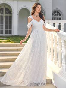 UNITHORSE 女士细肩带蕾丝刺绣露背白色婚纱，优雅伴娘礼服，全白派对服装女士 - 白色 - 查看 6