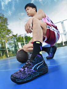 1 Pair Men's Basketball Shoes, Contrasting Red & Green Color, Breathable, Anti-Slip, Wear-Resistant, Outdoor Training, Lightweight Running Sneakers - Black Purple - View 5