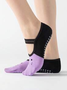 yuluan 1 Pair/Set Sporty Outdoor Fashionable Cartoon Cat Design Color Block Anti-Slip Yoga Socks With Lace And Silicone Dots, Suitable For Indoor Floor Sports Like Dance And Pilates, Multi-Color One Size, For Gym, Fall - Multicolor - View 12
