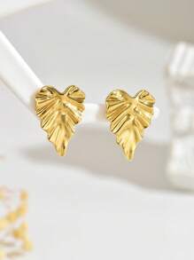 1 Pair Stainless Steel Leaf Design Stud Earrings, Suitable For Women's Daily Wear Or Party Occasions, Countryside Style