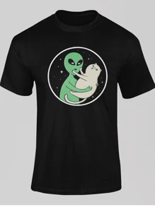 Playera de Caballero Diseño Espacio Alien y Gato - Negro - Ver 2