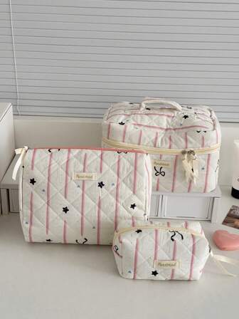 1 件/套 条纹星星图案系带装饰可爱化妆包化妆包拉链化妆包套装适合女孩旅行、度假和日常通勤使用 多功能存储化妆品、护肤品、口红、指甲油、护手霜、文具、硬币、餐巾纸、小物品 旅行必需品化妆包化妆品收纳袋化妆包 送给姐妹、爱人和朋友的礼物 情人节礼物 伴娘礼物 生日礼物 妈妈礼物 老师礼物 旅行包 女士 大学宿舍 浴室