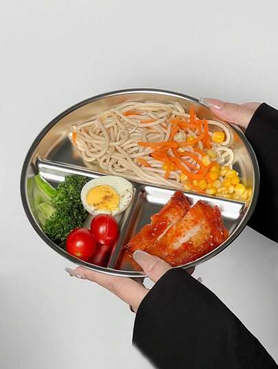 1 cái/3 cái Đĩa kiểm soát khẩu phần, Đĩa tròn 22,5cm bằng thép không gỉ 3 ngăn, Khay đựng thức ăn kiêng cho người lớn và trẻ em