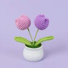 1pc Handmade Crocheted Yarn Simulation Tulip Potted Plant, Round Cute Woven Yarn Tulip, 1 Double Headed Stamen, 1 Triple Headed Flower Bud, Desktop, Car, Office, Home Decoration, Small Gift, Can Be Given To Family, Friends, Classmates, Birthdays, Teachers, Souvenirs, Night Market Camping Parties, Scenic Spots Easter Gifts Graduation,Garden Decor,Outdoor Plant,Gardening,Fake Flowers