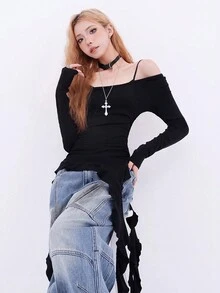 Women's Asymmetrical Ruffle Tie Front Long Sleeve Knit Black Cropped Tee, Figure-Flattering Layering Crop Top, Spring/Summer - Black - View 5