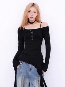 Women's Asymmetrical Ruffle Tie Front Long Sleeve Knit Black Cropped Tee, Figure-Flattering Layering Crop Top, Spring/Summer - Black - View 4