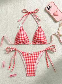 New Sexy Red & White Plaid Print Bowknot Bikini 2 Pieces Set, For Summer Beach Vacation