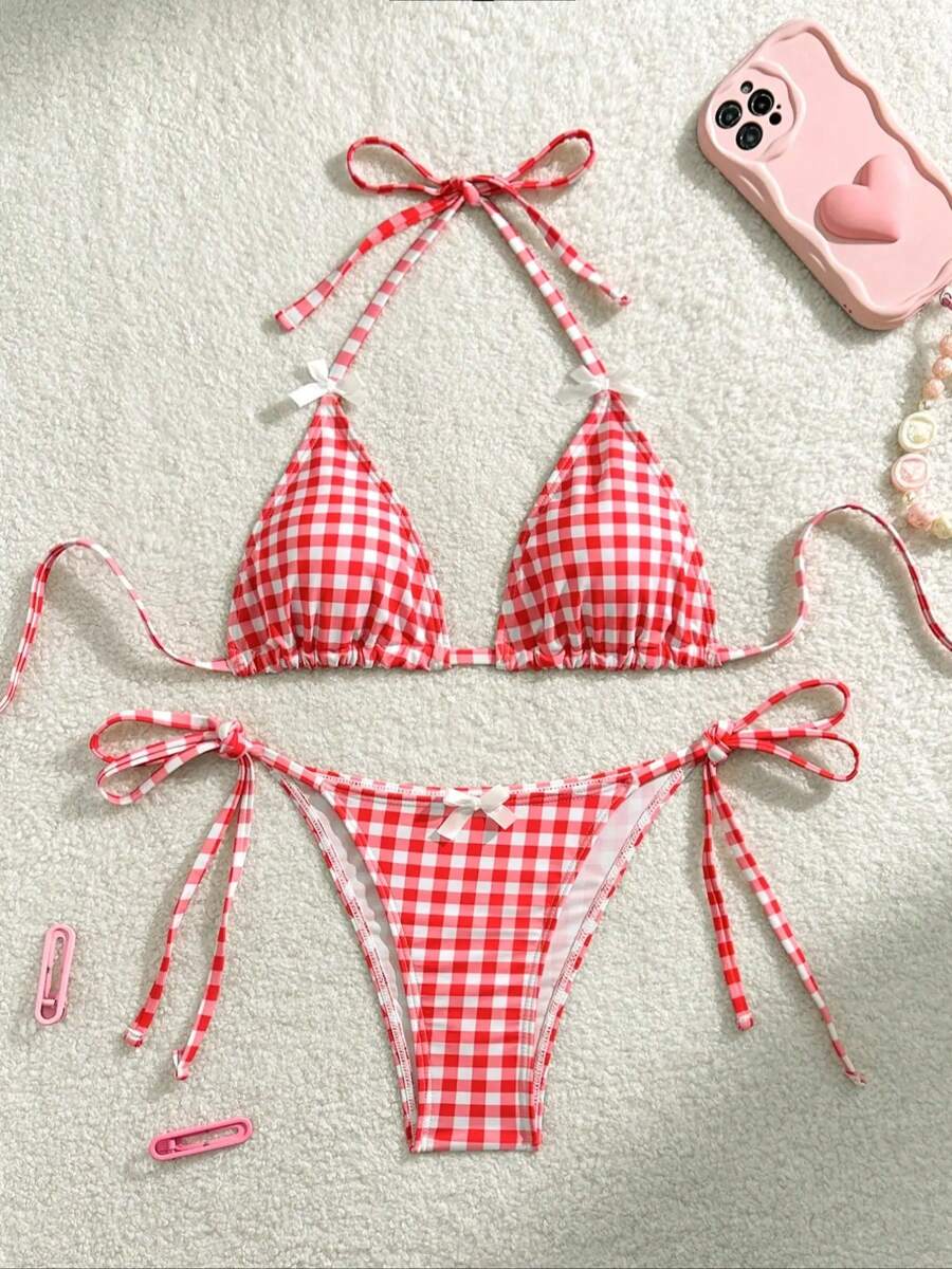 New Sexy Red & White Plaid Print Bowknot Bikini 2 Pieces Set, For Summer Beach Vacation