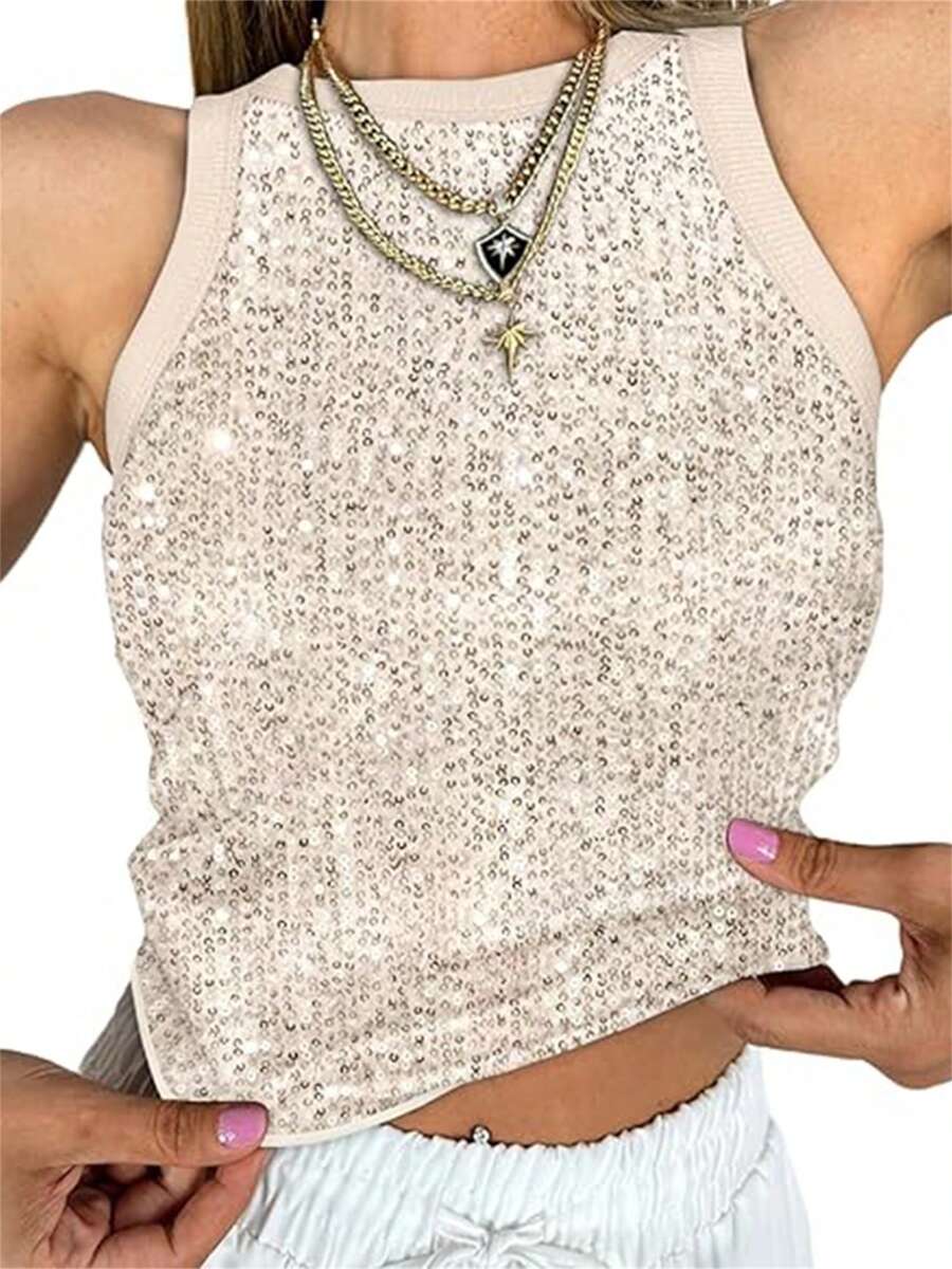 Women's Summer Slim Fit Vest Sleeveless Round Neck Sequins/Leopard Print Tank Tops - White - View 1