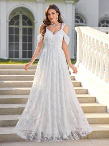 UNITHORSE 女士细肩带蕾丝刺绣露背白色婚纱，优雅伴娘礼服，全白派对服装女士 - 白色 - 查看 5