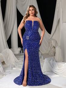 Faeriesty Robe de soirée sirène sans bretelles grande taille avec fente haute à la jambe et ornements pailletés et perlés, robe de soirée, robe pour invité de mariage, robe de cérémonie, robe de soirée