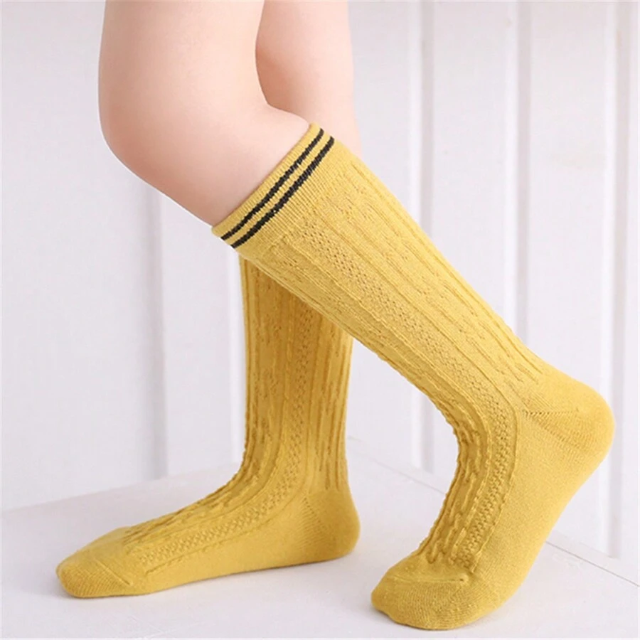 1 Pair Girls' Retro Cable Knit Comfortable Breathable Knee-High Socks - Yellow - View 1