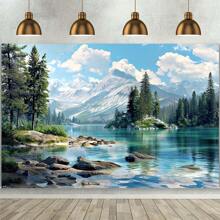 1pc Polyester Lake & Forest Landscape Photography Background Banner, Versatile Multi-Purpose, No Power Required, Suitable For Holiday Decoration - Multicolor - View 1