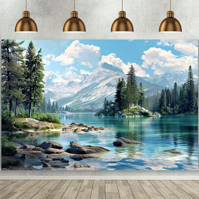 1pc Polyester Lake & Forest Landscape Photography Background Banner, Versatile Multi-Purpose, No Power Required, Suitable For Holiday Decoration