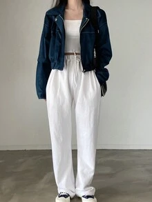 时尚新款复古翻领抽绳女式宽松短款夹克 - 藍色 - 查看 5