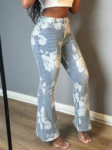 Women's Fashionable Retro Printed Micro Flared Jeans, High Waisted Elastic Loose Wide Leg Flared Pants, Women's Jeans And Clothing - Rửa nhẹ - Xem 5