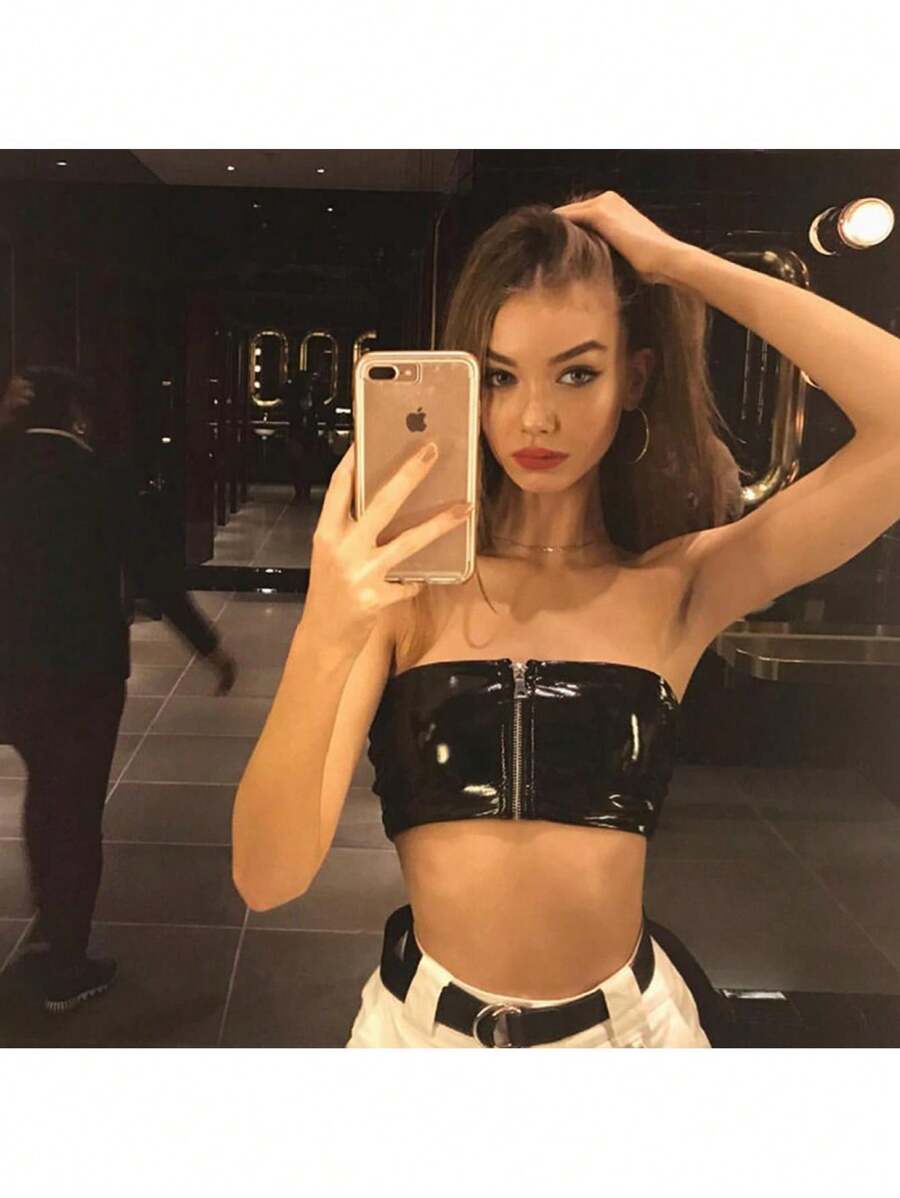 Womens Sexy Zipper Tube Tops Fashion Solid Color PU Leather Exposed Navel Off-The-Shoulder Tops - màu đen - Xem 1