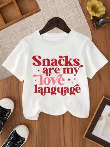 女童标语印花圆领短袖T恤，春夏休闲T恤