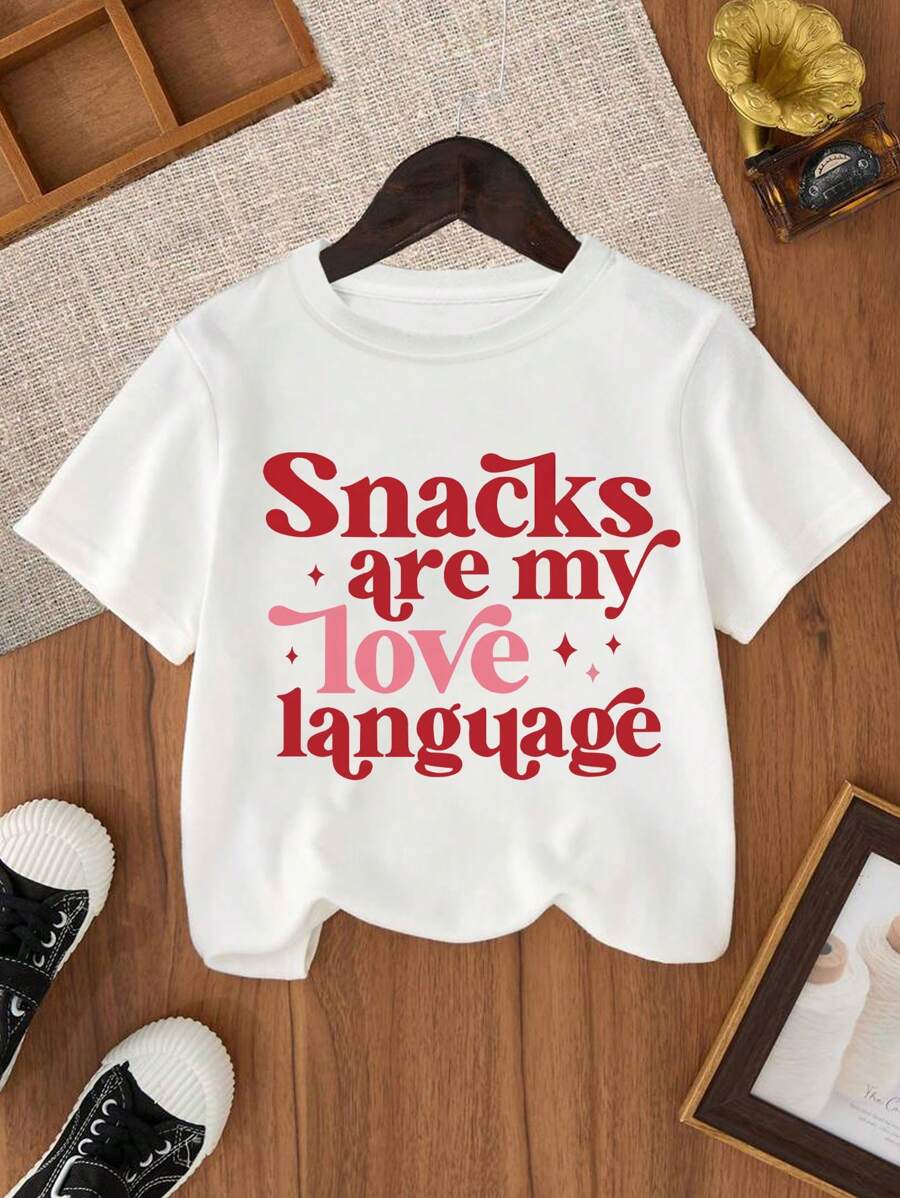 女童标语印花圆领短袖T恤，春夏休闲T恤