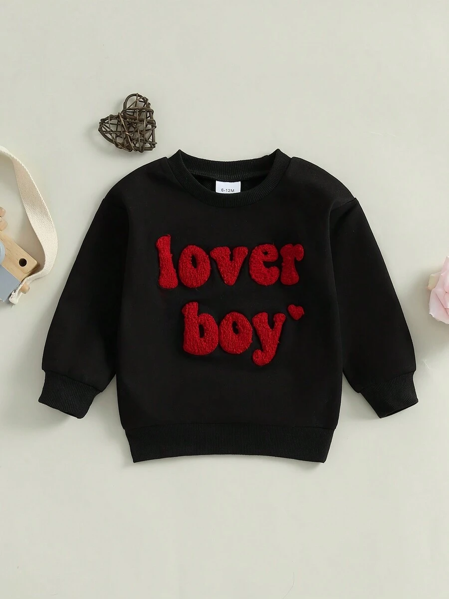 Sudaderas para niños pequeños, de manga larga, con cuello redondo y letras bordadas, para primavera - Negro - Ver 1