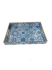 Bandejas decorativas de estilo bohemio azul de plástico con asas para decoración de mesa de café, bandeja de almacenamiento de escritorio para joyas, perfumes, organizador de bandejas otomanas estilo boho, accesorios de cocina, decoración de cocina, bandeja para frutas