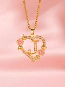 1 件心形花卉字母项链个性化心形花卉 26 个字母吊坠项链适合女孩的生日