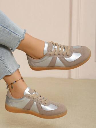 A Pair Of Couple's Fashionable Color-Blocked German Training Shoes Multi-Functional Sneakers, It Is Suitable For Daily Leisure, Outdoor Hiking, Running Exercise, Tennis, Golf, Etc., The Upper Is Made Of PU Material, The Foot Feels Comfortable, And The Sole Is Made Of Rubber Material, Wear-Resistant And Non-Slip, Suitable For All Seasons