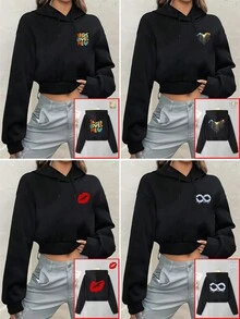 Moletom Cropped Personalizado para Mulheres, Personalizável com Logo, Foto, Texto, Logo do Clube, Logo do Grupo de Viagem, Nome, Foto de Estimação, Foto da Família, Ornamental, Cachorro, Único, Personalizado, Presentes Ideais para Ela, Família, Amigos, Meninas Rosa, Para Feriados, Para Férias, Para Aniversários, Preto Primavera - Preto - Visão 2